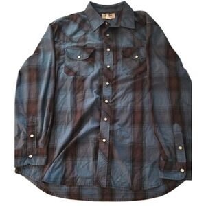 Duke Haband Plaid Western Snap Button Long Sleeve Shirt Blue Brown Size L